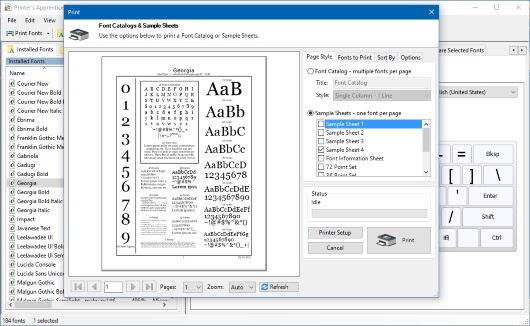 Printer's Apprentice - Windows font manager - print preview screen