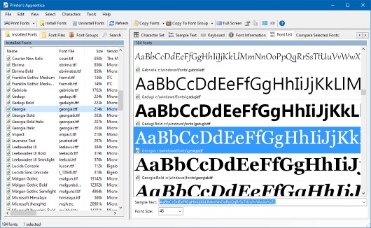 Printer's Apprentice - Windows font manager - main font list